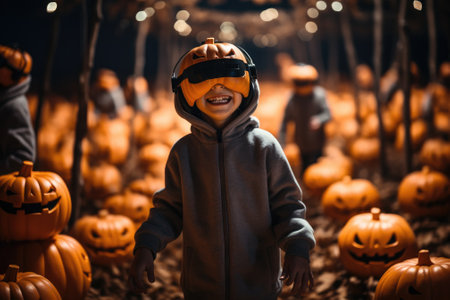 Boy wearing virtual reality headset and in halloween costumes. VR goggles. Generative AIの素材