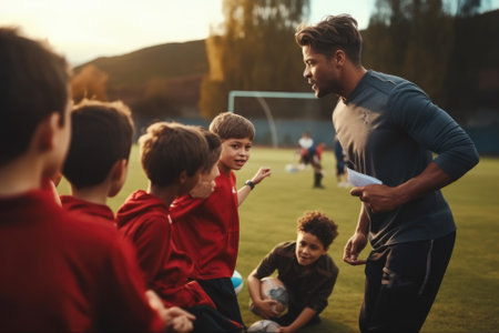 Coach training kids sport in school ground. Generative AIの素材
