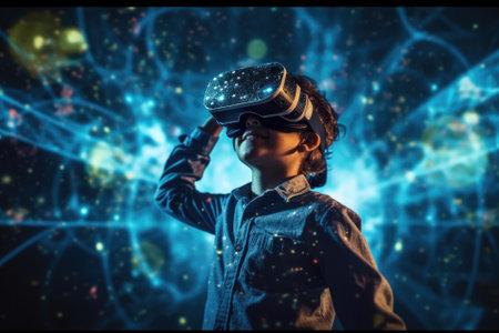 A boy wearing VR headset user, surreal world and virtual reality, colorful flowers fields. Generative AIの素材