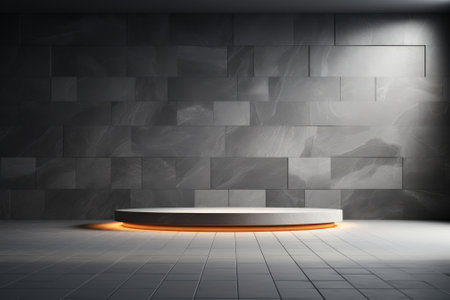 Light gray wall with a podium and beautiful lighting. Background for product presentation. Generative AIの素材