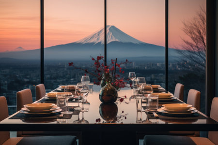 Luxury eatery with Fuji mountain view. Generative AIの素材