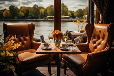 Luxury dining chair and table near lake background. Generative AIの素材