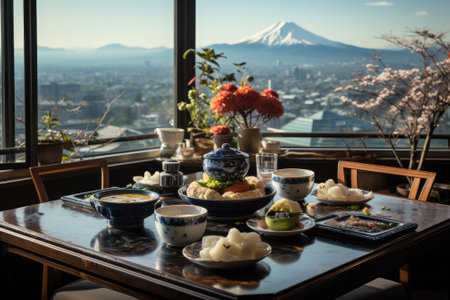 Luxury eatery with Fuji mountain view. Generative AIの素材