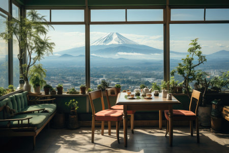 Luxury eatery with Fuji mountain view. Generative AIの素材