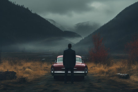 Man looking at mountain and vintage car, travel in rainy day concept. Generative AIの素材
