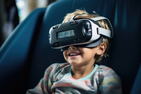 Boy wearing virtual reality headset. VR goggles innovation technology. Generative AIの素材