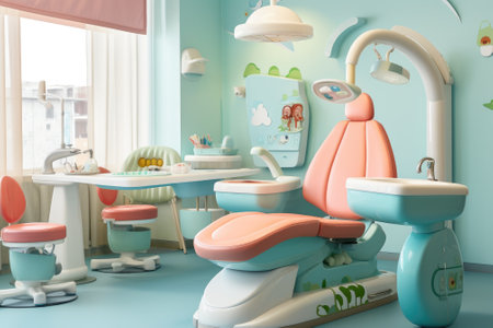 Dental clinic chair at clinic, cute interior for kid. Generative AIの素材