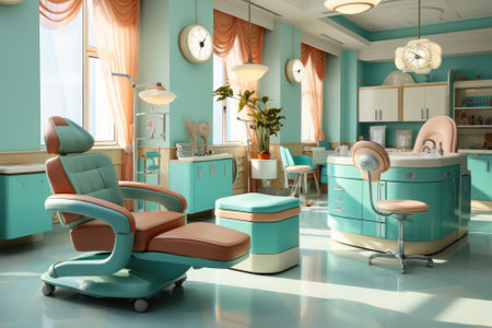 Dental clinic chair at clinic, cute interior for kid. Generative AIの素材