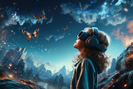 Girl wearing virtual reality headset. VR goggles innovation technology. Generative AIの素材