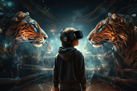 Boy wearing virtual reality headset and surreal tiger. VR goggles. Generative AIの素材