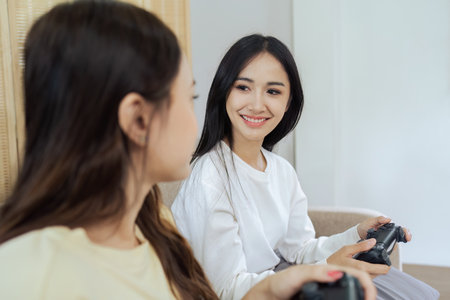 Asian beautiful lesbian gay couple enjoy play game together in Livingroom. Two female friend sit on sofa in living room, feel happy to play joystick game at home.の写真素材