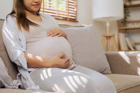 Young pregnant touching her belly while woman sitting on couch in living roomの写真素材