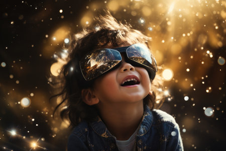 Boy wearing virtual reality headset. VR goggles innovation technology. Generative AIの素材