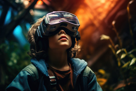 Boy wearing virtual reality headset. VR goggles innovation technology. Generative AIの素材
