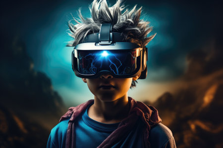Boy wearing virtual reality headset. VR goggles innovation technology. Generative AIの素材