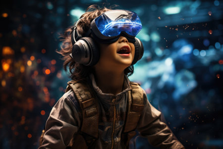 Boy wearing virtual reality headset. VR goggles innovation technology. Generative AIの素材