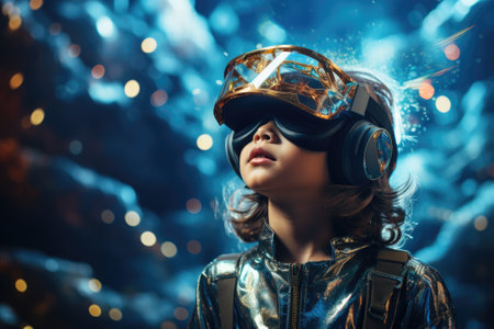 Boy wearing virtual reality headset. VR goggles innovation technology. Generative AIの素材