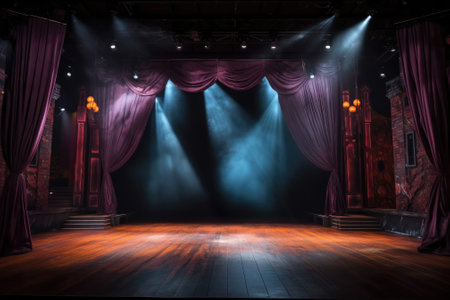 Empty scary stage with red curtains decorate with halloween theme. copy space. Generative AIの素材