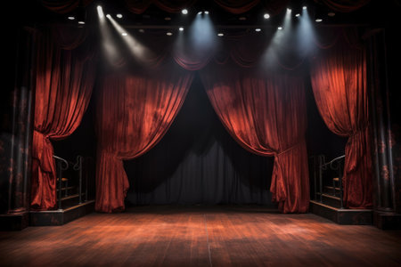 Empty scary stage with red curtains decorate with halloween theme. copy space. Generative AIの素材