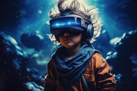 Boy wearing virtual reality headset. VR goggles innovation technology. Generative AIの素材