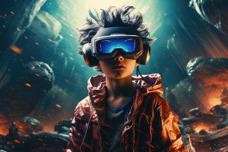 Boy wearing virtual reality headset. VR goggles innovation technology. Generative AIの素材