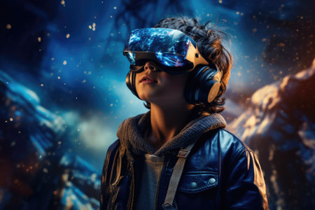 Boy wearing virtual reality headset. VR goggles innovation technology. Generative AIの素材