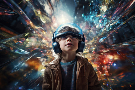 Boy wearing virtual reality headset. VR goggles innovation technology. Generative AIの素材