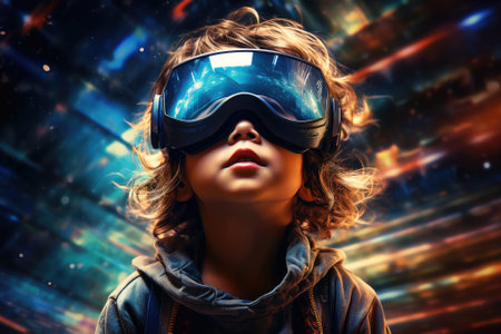 Boy wearing virtual reality headset. VR goggles innovation technology. Generative AIの素材