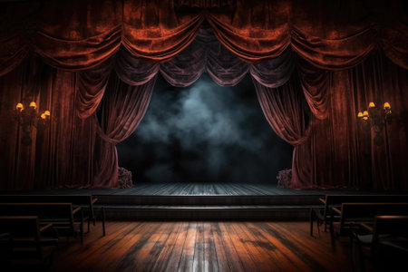 Empty scary stage with red curtains decorate with halloween theme. copy space. Generative AIの素材