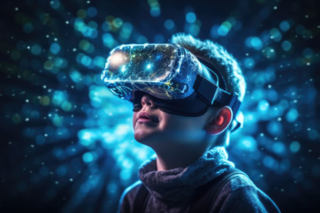 A boy wearing VR headset user, surreal world and virtual reality, colorful flowers fields. Generative AIの素材