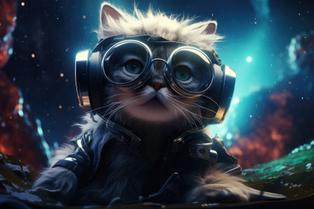 Cat wearing VR headset, surreal galaxy cosmic and colorful background. Generative AIの素材