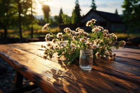 Empty wooden table with picnic in garden background. Generative AIの素材