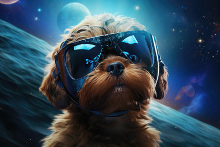 Baby dog wearing VR headset, surreal galaxy cosmic and colorful background. Generative AIの素材