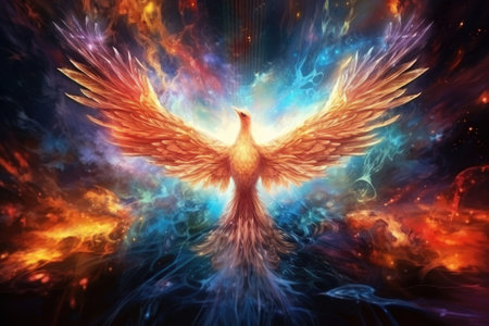 Phoenix is flying burning with fire. Birds. Mythical creatures. Generative AIの素材