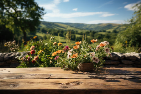 Empty wooden table with picnic in garden background. Generative AIの素材
