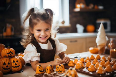 Children cooking together in modern kitchen. Halloween concept. Generative AIの素材