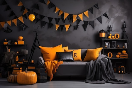 Cozy Living room interior decorate with halloween theme. Generative AIの素材