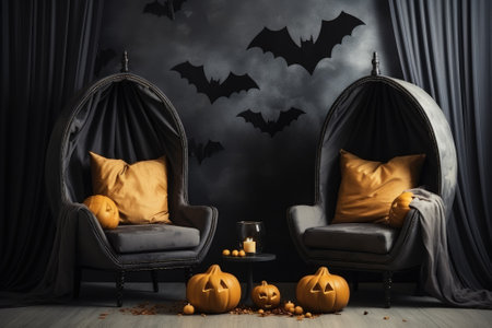 Cozy Living room interior decorate with halloween theme. Generative AIの素材