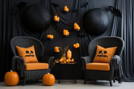 Cozy Living room interior decorate with halloween theme. Generative AIの素材