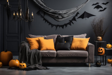 Cozy Living room interior decorate with halloween theme. Generative AIの素材