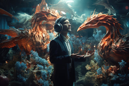 Man wearing virtual reality headset and surreal dragon. VR goggles. Generative AIの素材