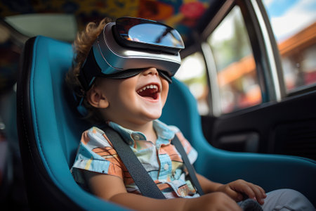 Boy wearing virtual reality headset sitting on car seat. VR goggles innovation technology. Generative AIの素材