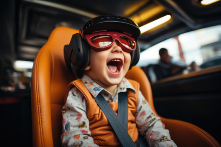 Boy wearing virtual reality headset sitting on car seat. VR goggles innovation technology. Generative AIの素材