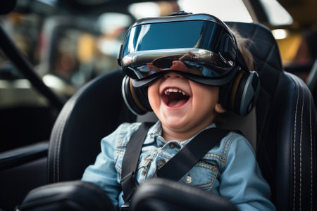Boy wearing virtual reality headset sitting on car seat. VR goggles innovation technology. Generative AIの素材