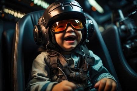 Boy wearing virtual reality headset sitting on car seat. VR goggles innovation technology. Generative AIの素材