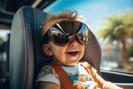 Boy wearing virtual reality headset sitting on car seat. VR goggles innovation technology. Generative AIの素材