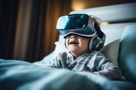 Boy wearing virtual reality headset. VR goggles innovation technology. Generative AIの素材
