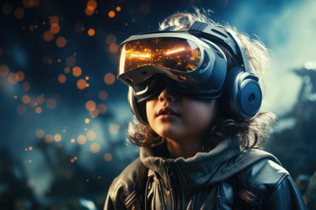 Boy wearing virtual reality headset. VR goggles innovation technology. Generative AIの素材