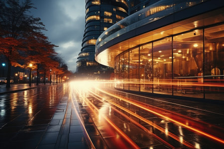 Abstract night cityscape background. Smart city, ai and digital transformation concept. Double exposureの素材
