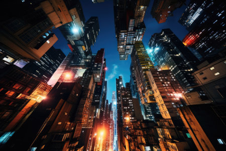 Abstract night cityscape background. Smart city, ai and digital transformation concept. Double exposureの素材
